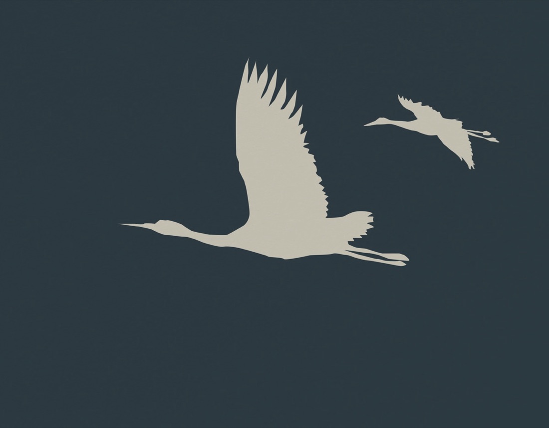 Illustration of cranes in flight against a deep blue night