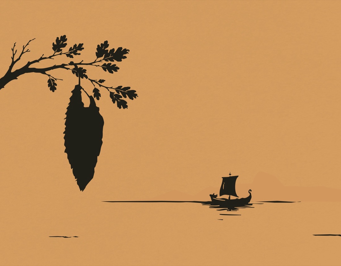 Illustration of the Golden Fleece hanging from a tree above a ship